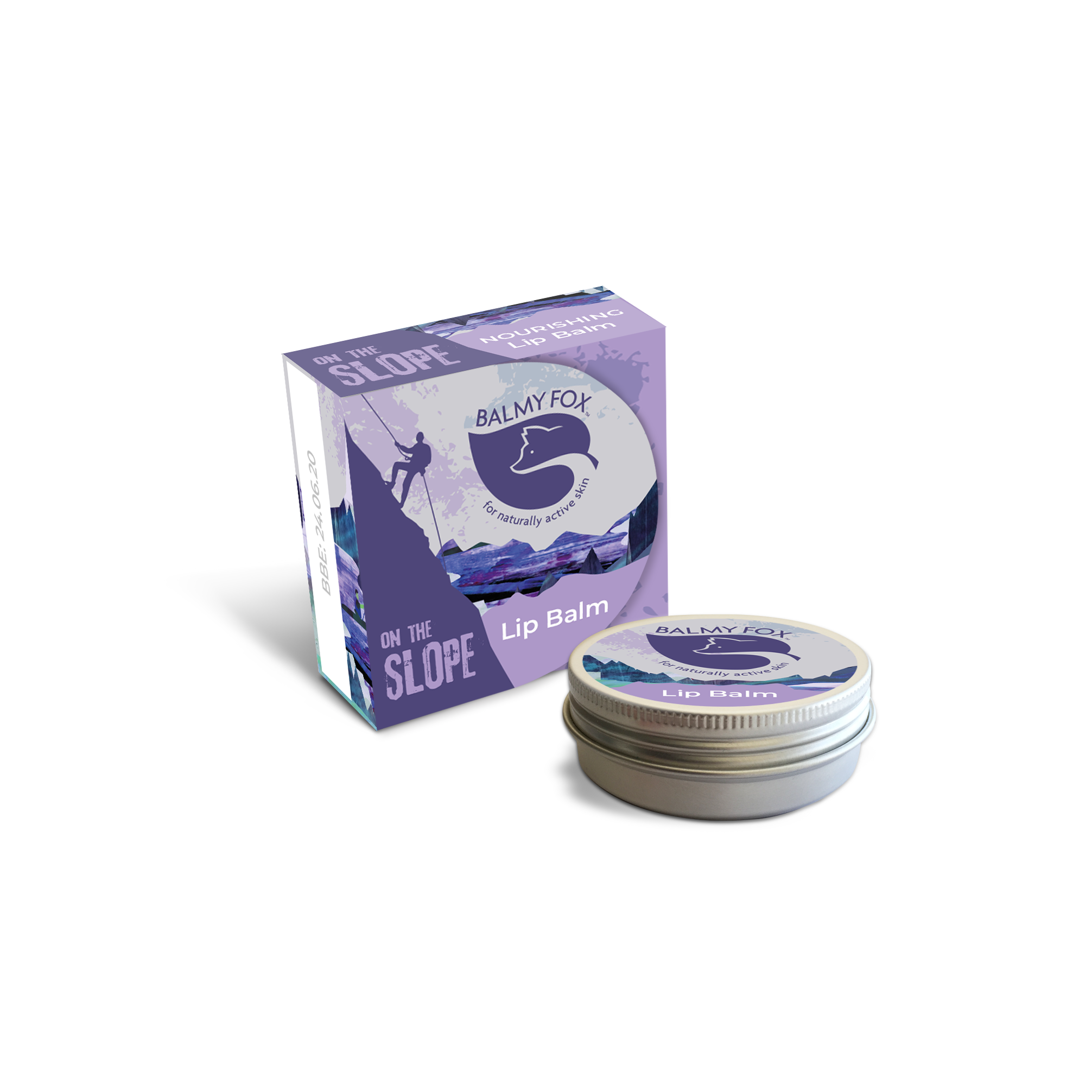 Balmy Fox Slope Lip Balm box and aluminium tin