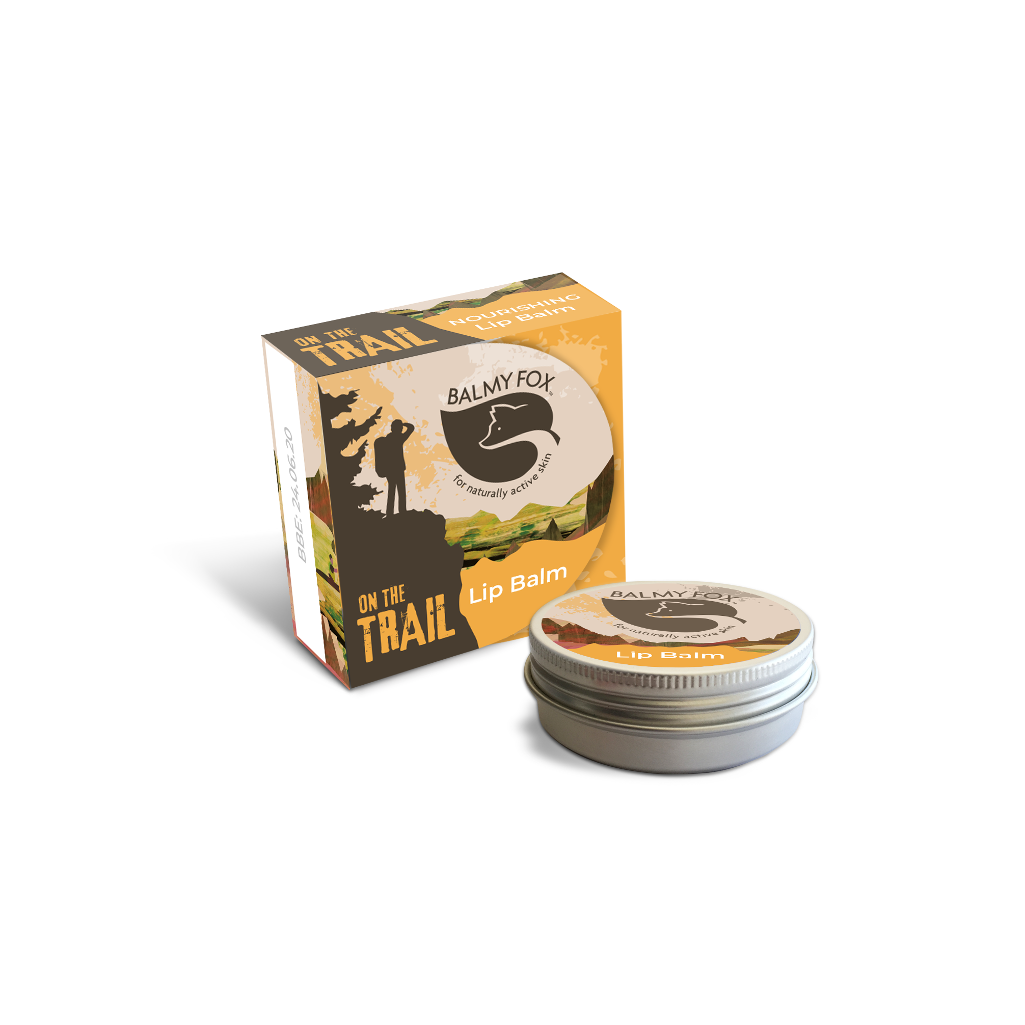 Balmy Fox Trail Lip Balm box and aluminium tin