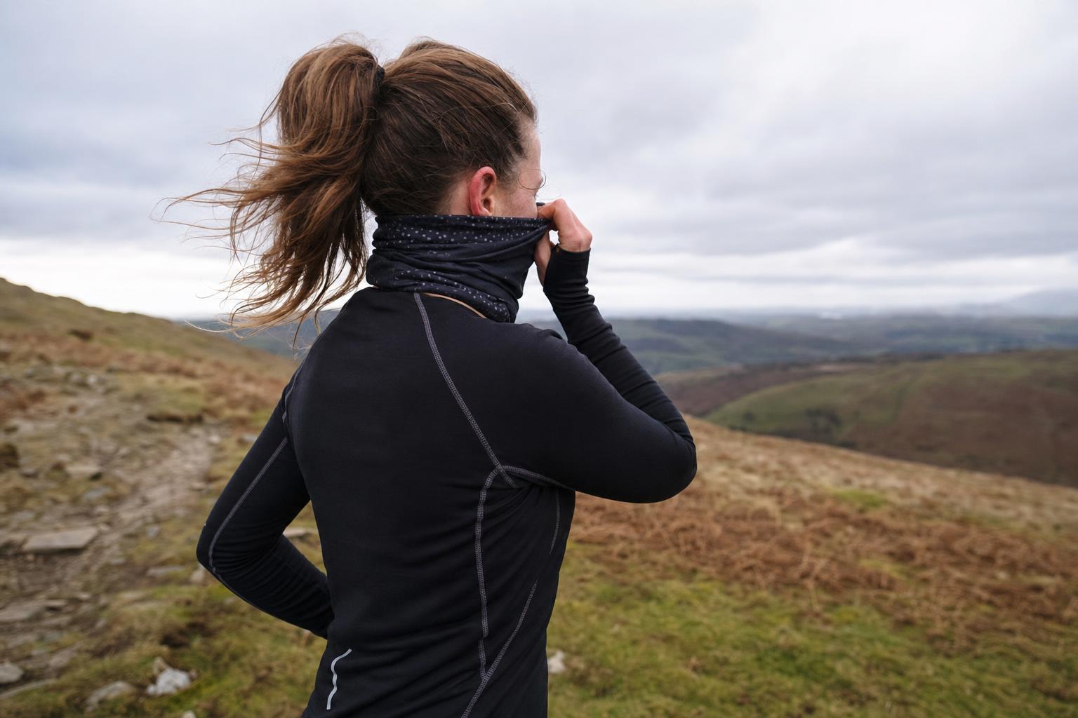 A runner pulling a buff up over their mouth and nose on a windswept winter trail
