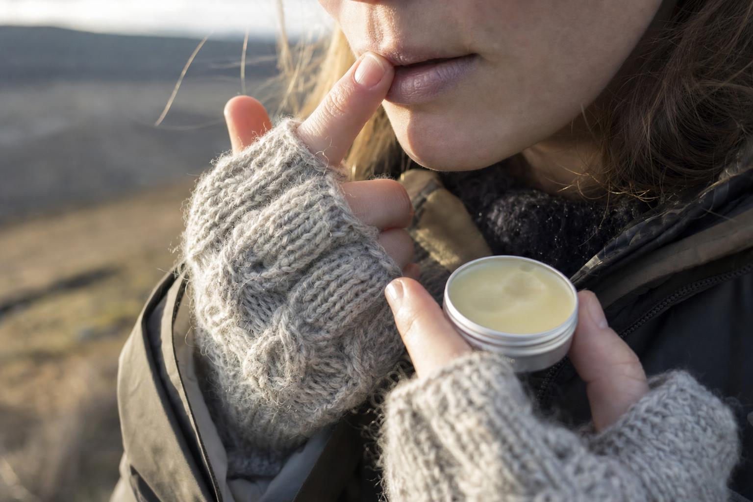 Close-up of a gloved hand applying lip balm outdoors on a cold bright day