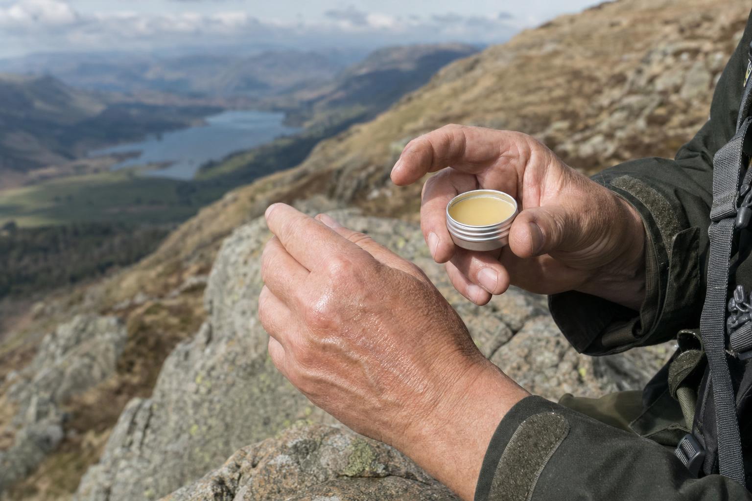 Close-up of a hiker applying sun cream to the back of their hand at a trail stop on a bright overcast day