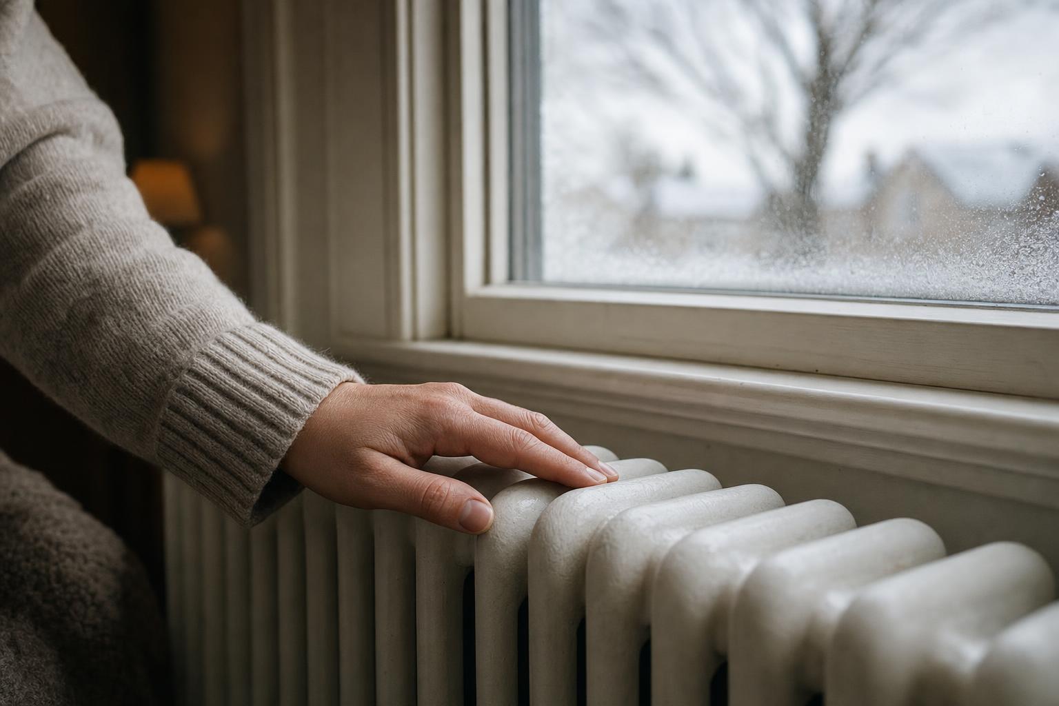 A hand resting on a warm radiator beside a frosted window in a British home