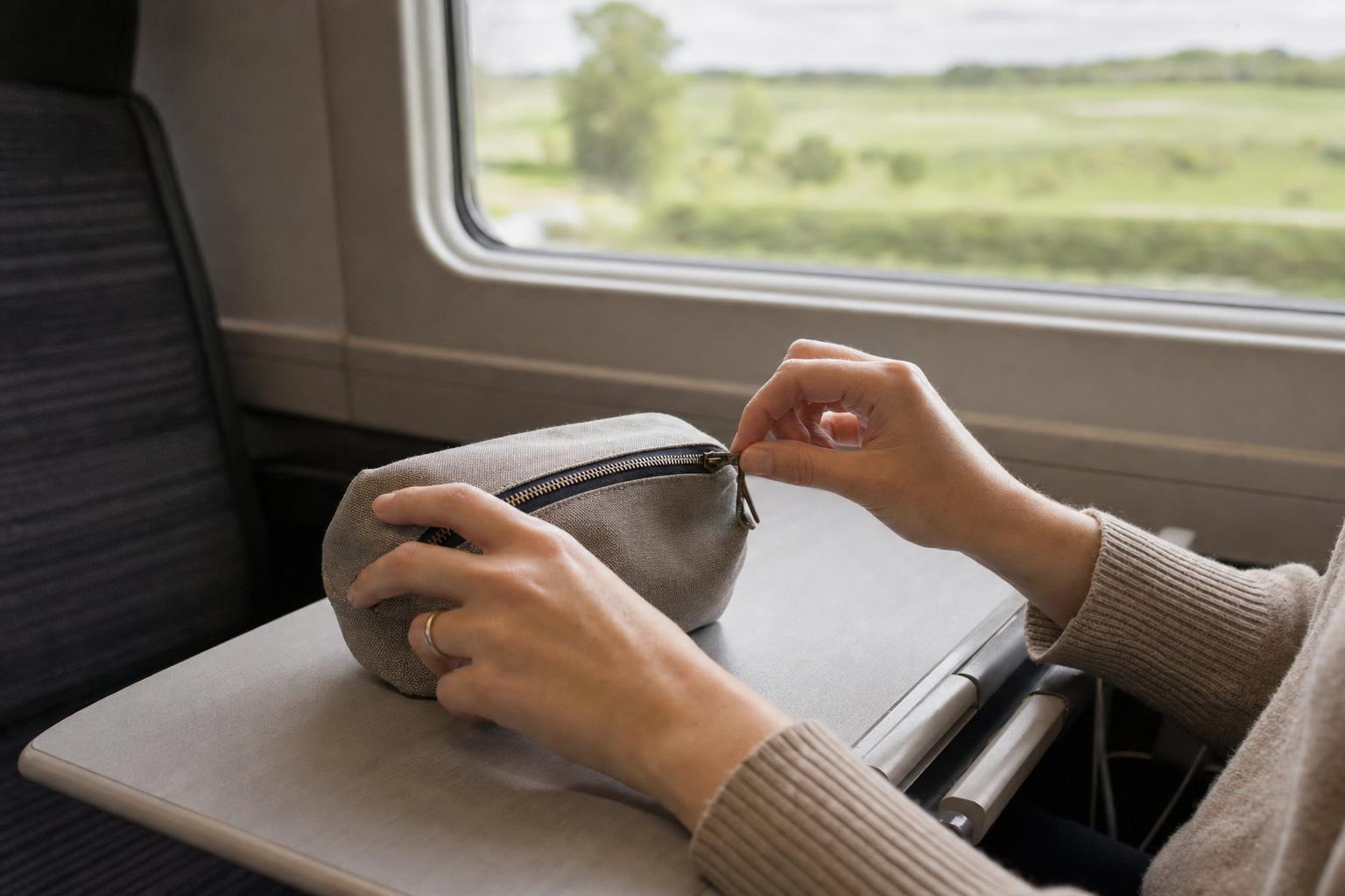 A traveller's hands zipping up a small toiletry pouch on a train seat table